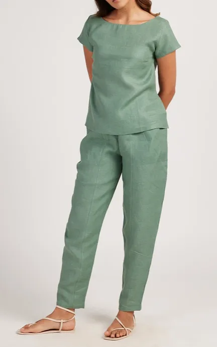 Sage Green Linen Boat-Neck Top