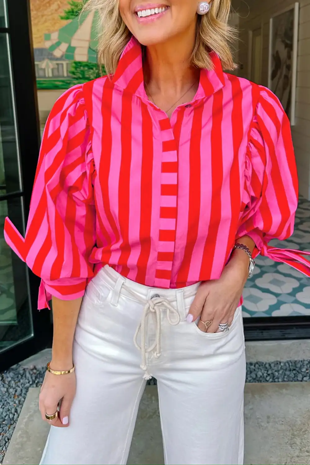Women's Striped Puff Sleeve Blouse