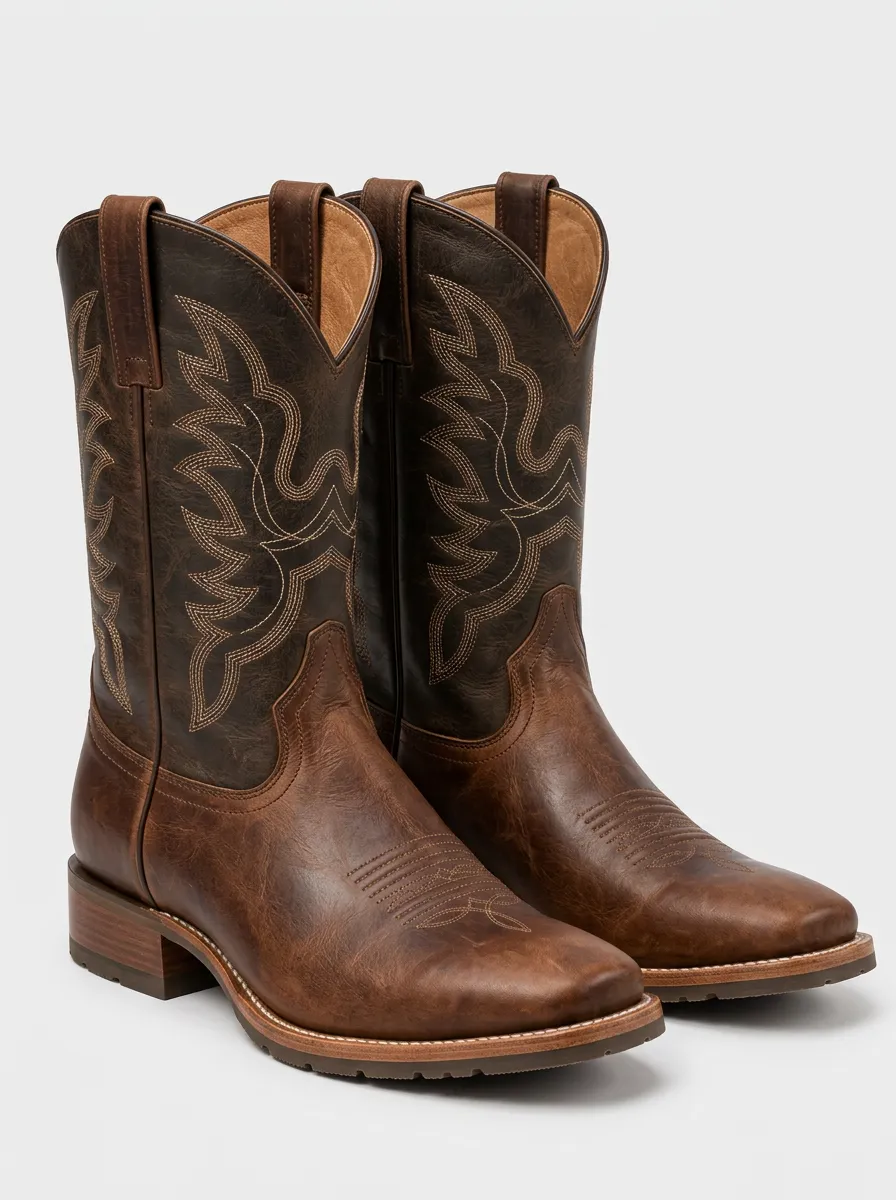 Men's Brown Leather Ranch Style Embroidered Boots