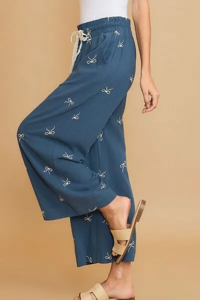Lace Drawstring Embroidered Bow Wide Leg Pants