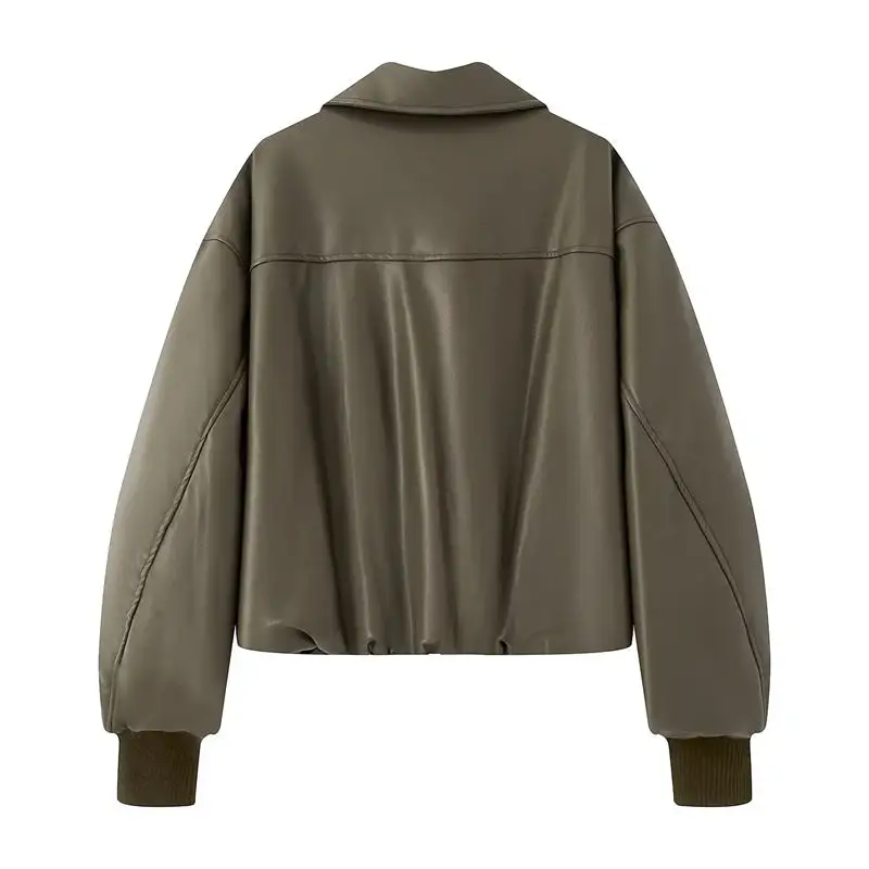 Cropped Quilted Faux Leather Shirt Collar Bomber Jacket