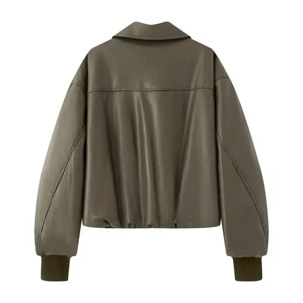 Cropped Quilted Faux Leather Shirt Collar Bomber Jacket