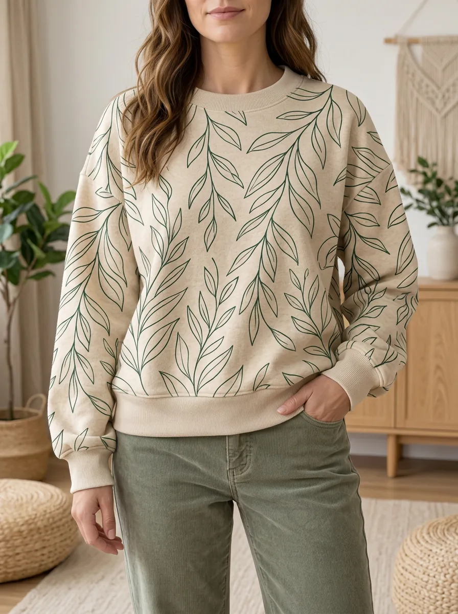 Women's Leaf Print Crewneck Sweatshirt Fleece Nature Inspired