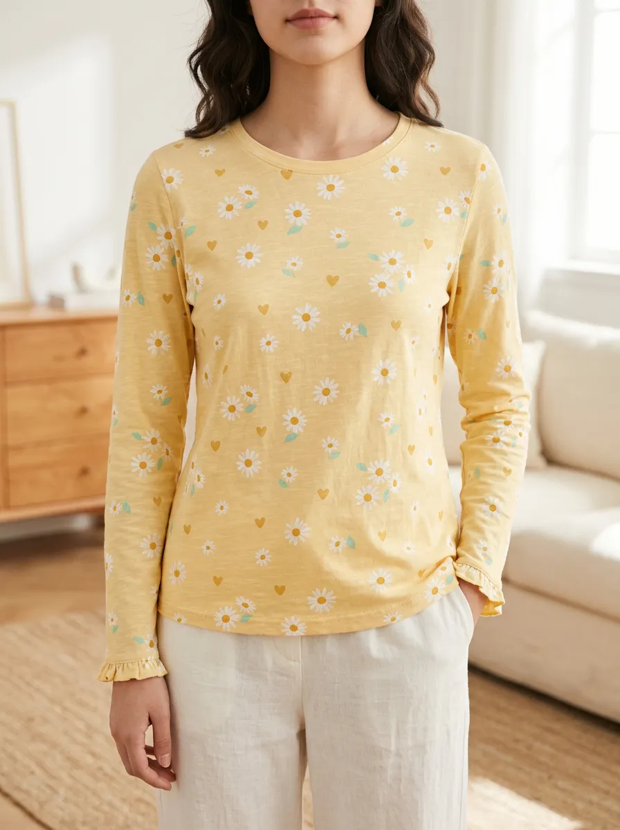 Women's Sweet Daisy Heart Pattern Printed Long Sleeve T-shirt