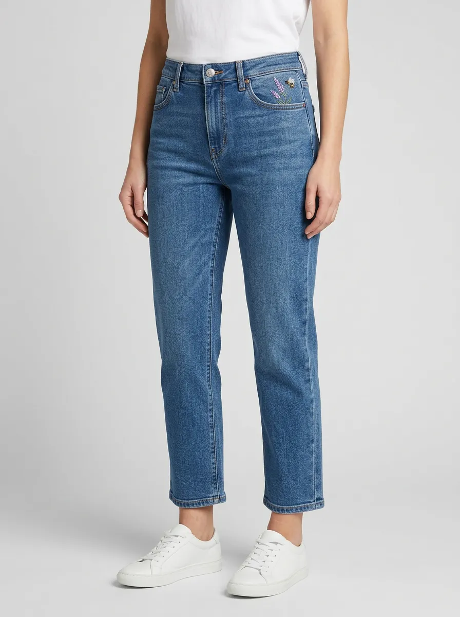 Women's Lavender Bee Embroidered Coin-Pocket Ankle-Length Straight-Leg Jeans