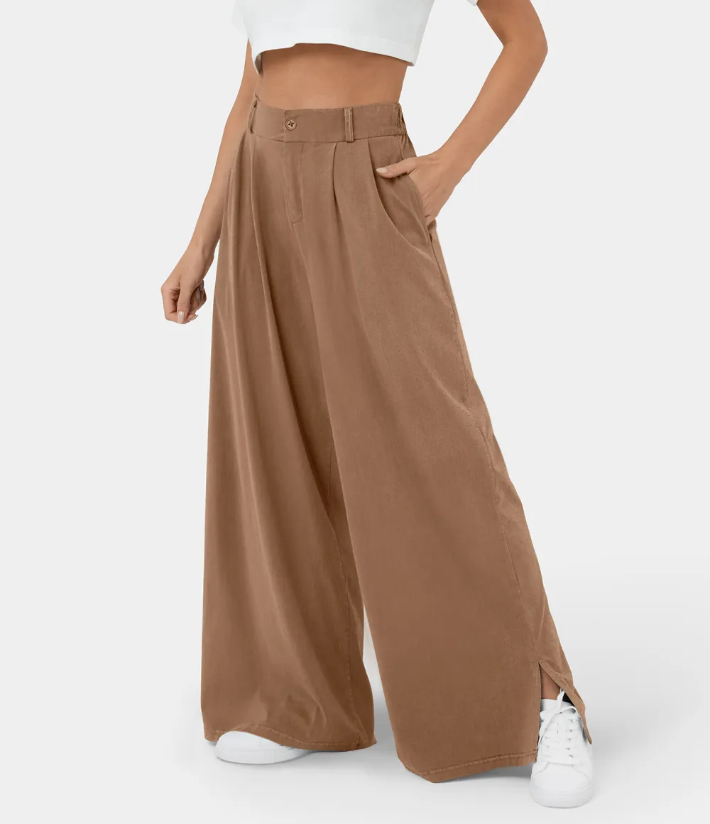 High Waisted Button Zipper Plicated Side Pocket Split Hem Wide Leg Casual Pants