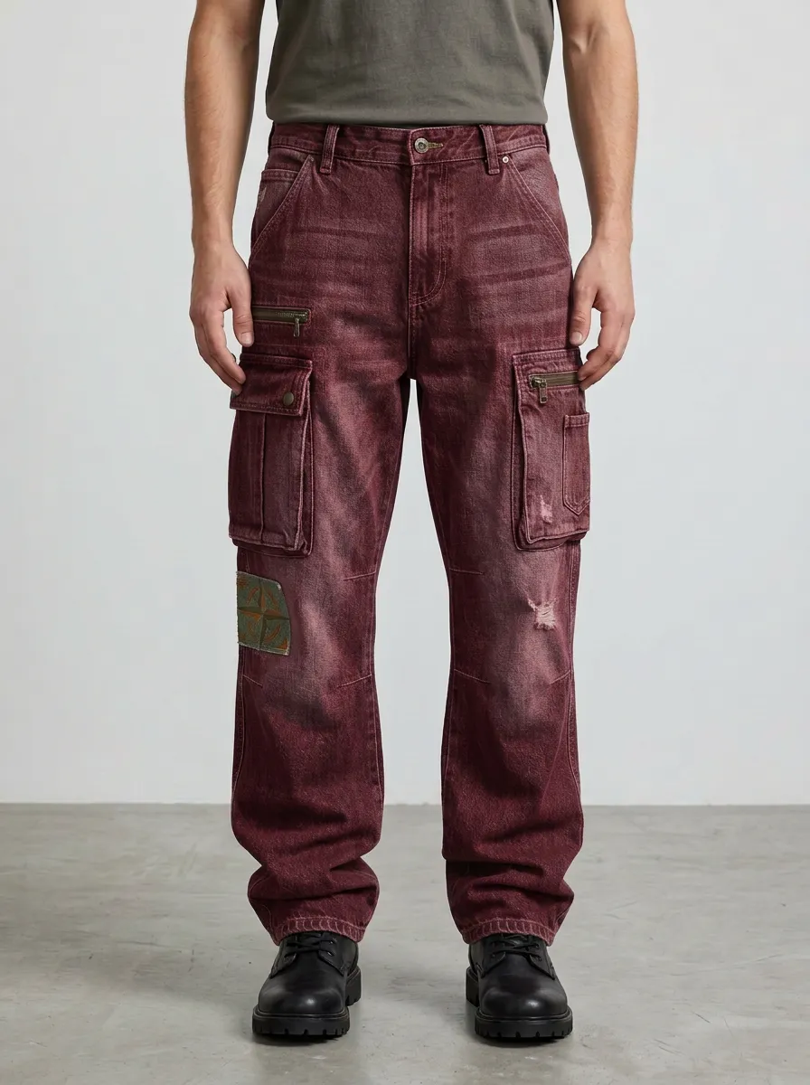 Men's Vintage Compass Patch Distressed Denim Cargo Jeans