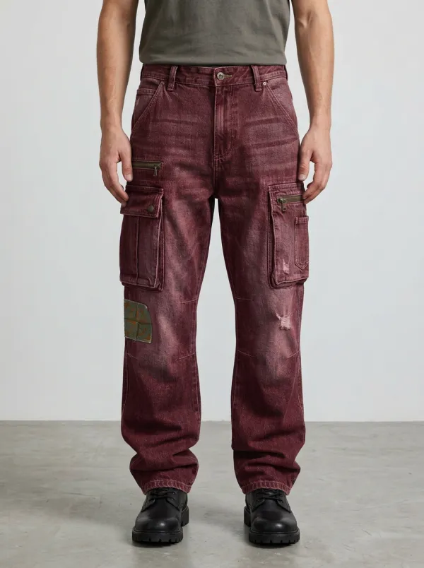 Men's Vintage Compass Patch Distressed Denim Cargo Jeans