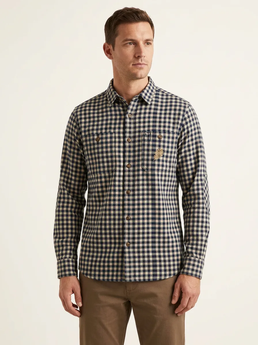 Men's Leaf-Embroidered Button-Pocket Plaid Flannel Shirt