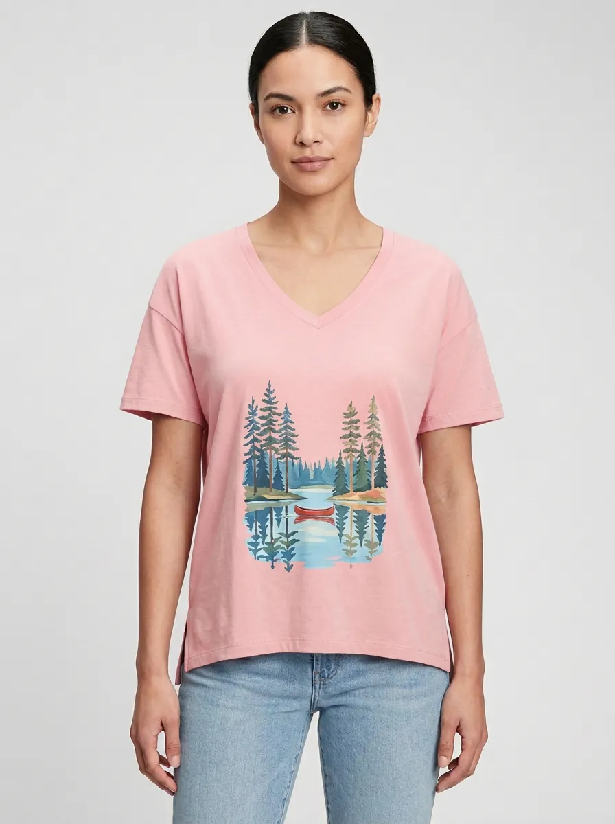 Women's Canoe Lake & Forest Graphic V-Neck T-Shirt