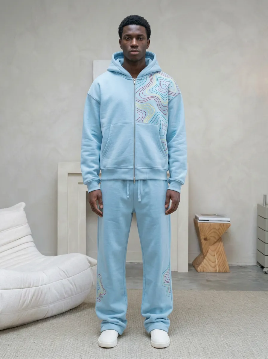 Men's Abstract Topographic Line Printed Zip-up Hoodie Sweatpants Set