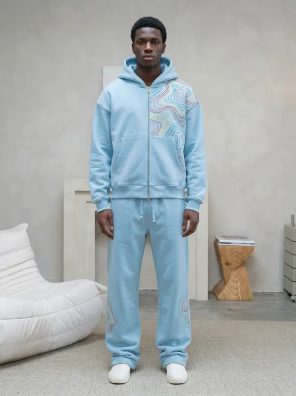 Men's Abstract Topographic Line Printed Zip-up Hoodie Sweatpants Set