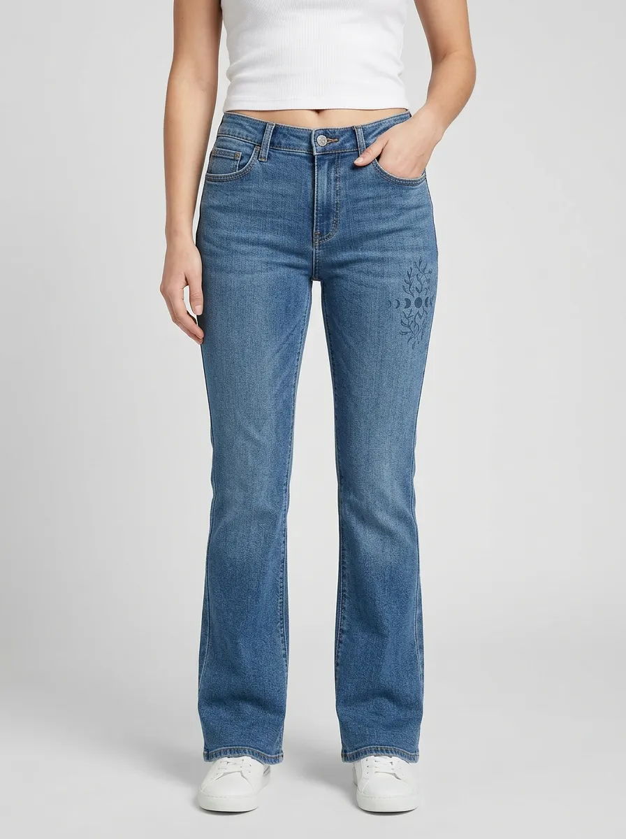 Women's Moon-Phase Floral Embroidered Mid-Rise Bootcut Jeans