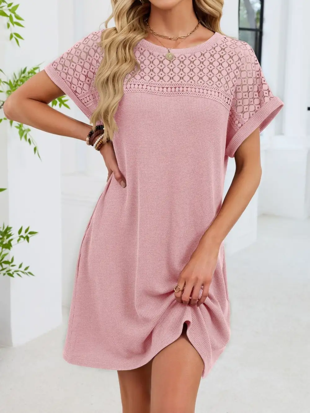 Lace Round Neck Short Sleeve Shirt Dress