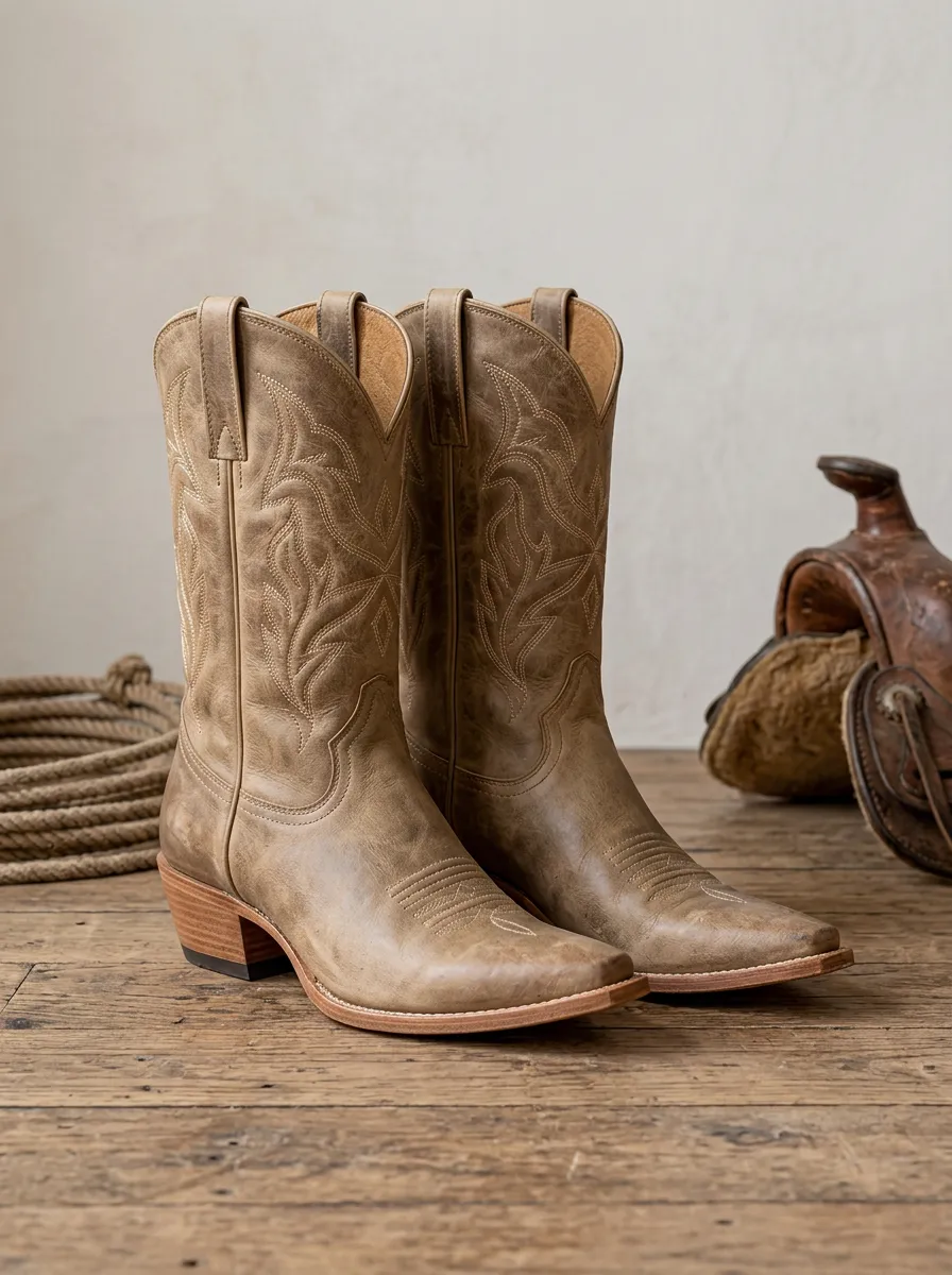 Unisex Everyday Western Cowboy Embroidered Distressed Leather Boots