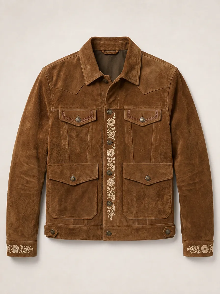 Men's Western Cowboy Floral Embroidered Suede Jacket