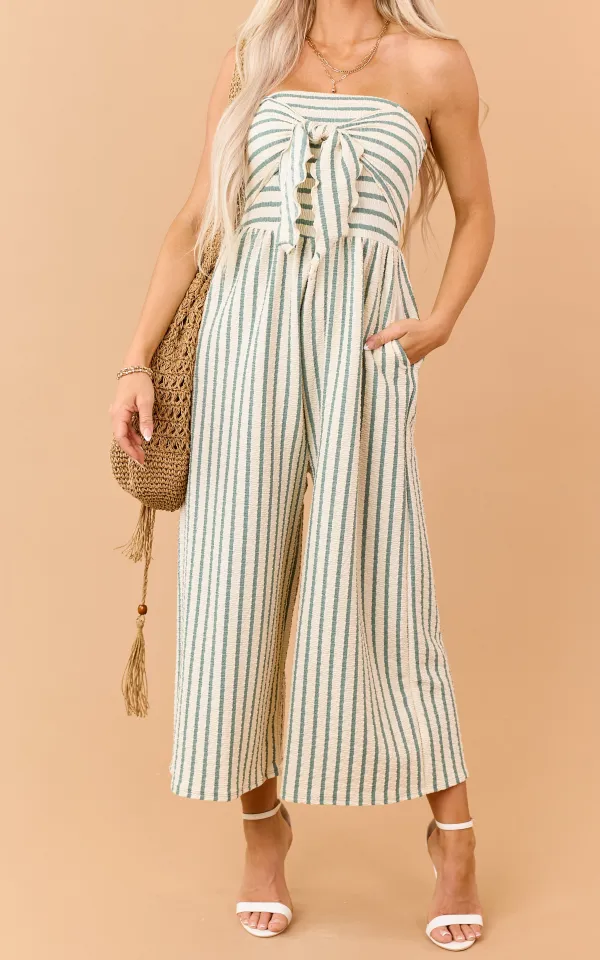 Cream And Sage Striped Strapless Jumpsuit