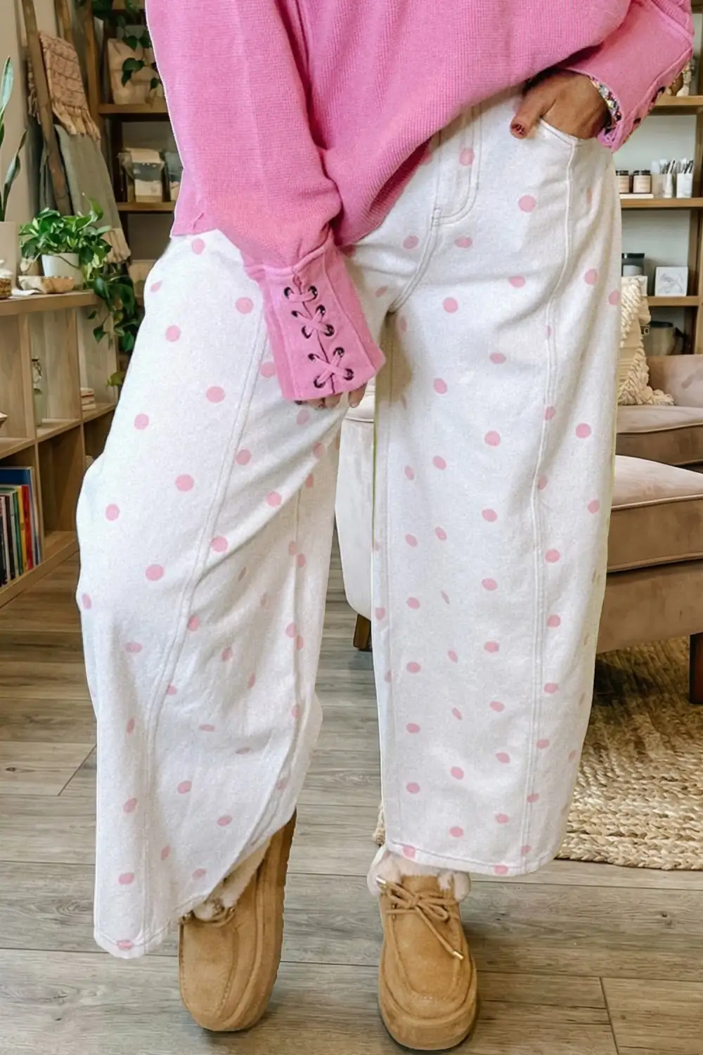 Polka Dot Print Seam Detail Barrel Jeans
