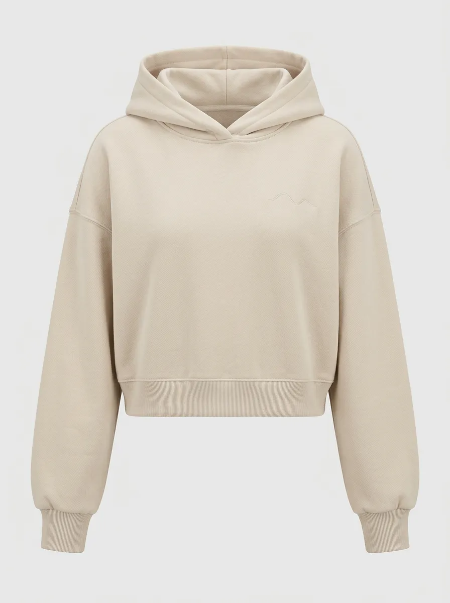 Women's Minimalist Beige Wave Embroidered Cropped Hoodie