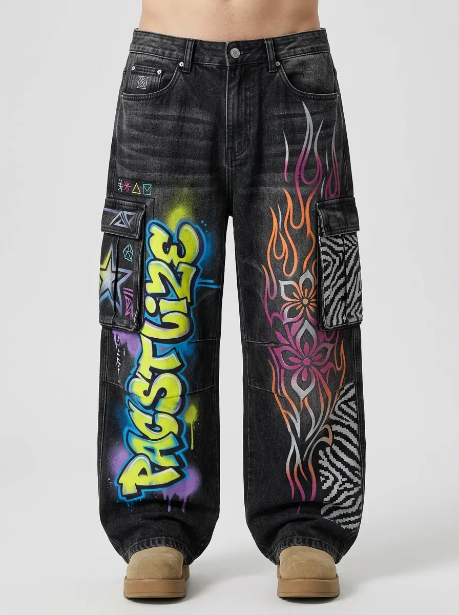 Men's Streetwear Graffiti Flame Floral Graphic Cargo Jeans