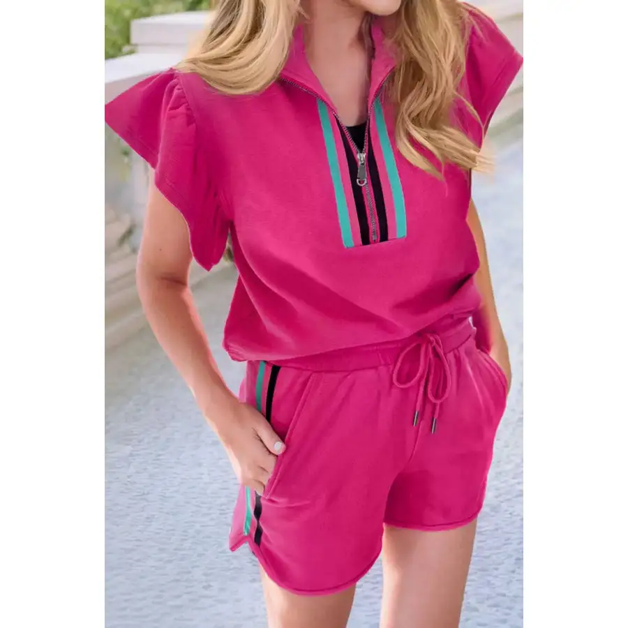 Striped Detail Flutter Sleeve Zipped Collar Top and Short Set