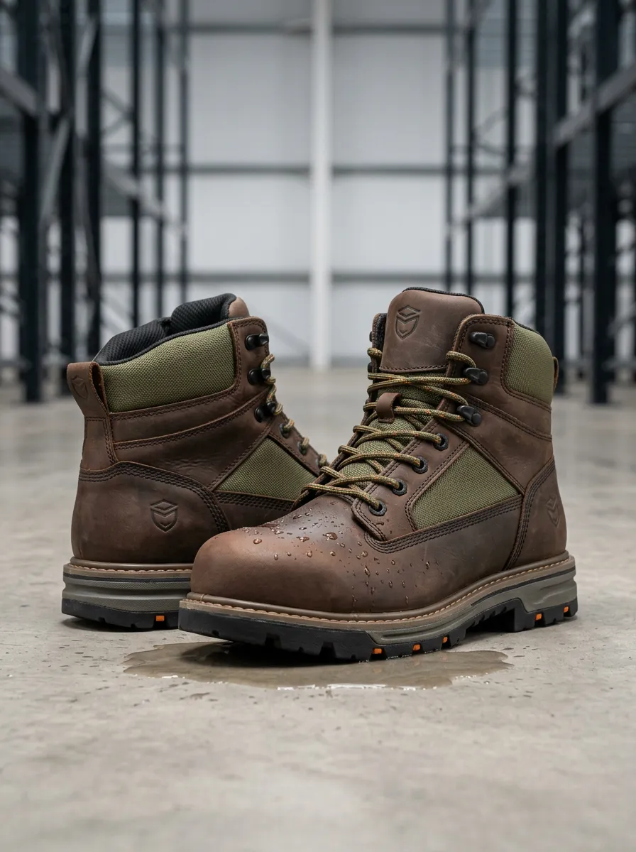 Unisex Waterproof Brown Leather Olive Canvas Tactical Work Boots