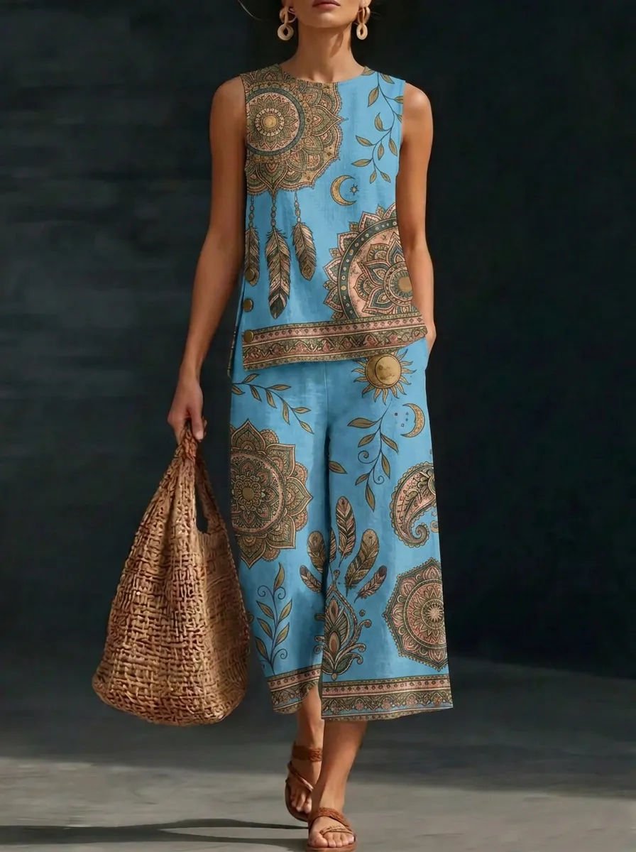 Women's Boho Mandala Feather Printed Sleeveless Set