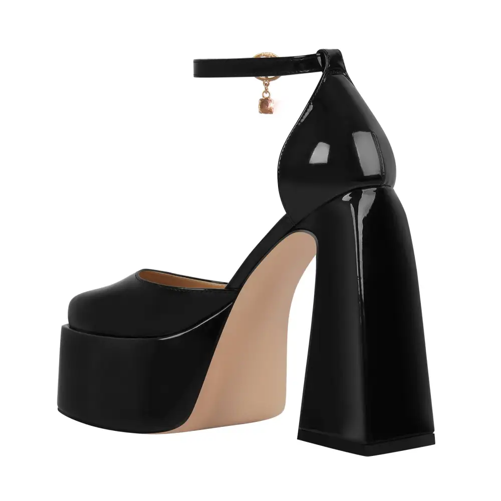 Patent Finish Square Toe Platform Chunky Heel Ankle Strap Pumps
