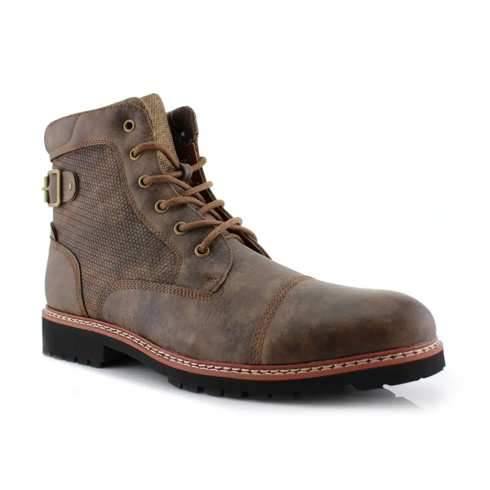 Faux-Leather Burnished Lace-Up Combat Boots
