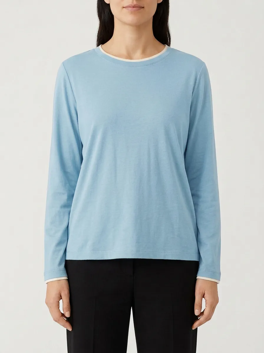 Women's Contrast-Trim Contrast Trim Long-Sleeve Crew-Neck T-Shirt