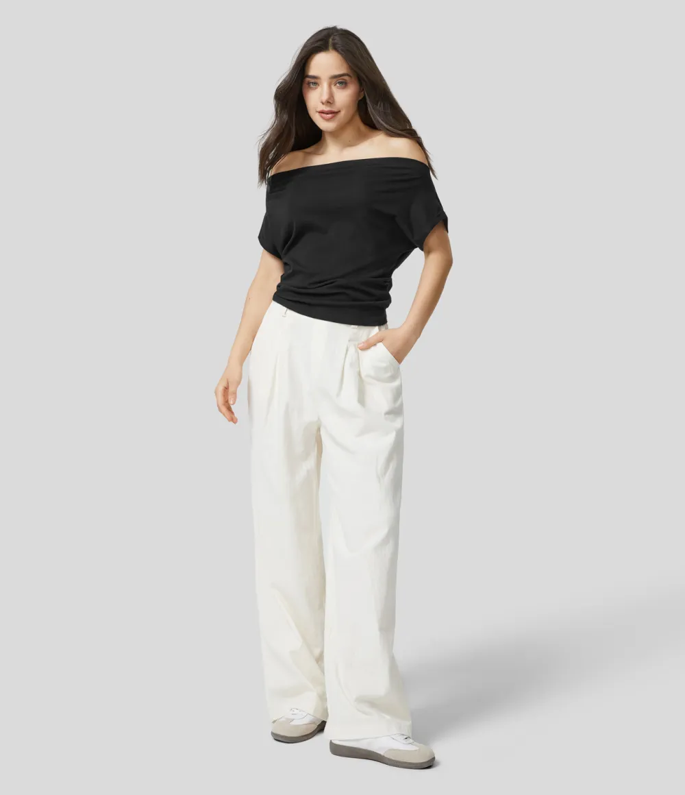 Off Shoulder Short Sleeve Ruched Casual Cotton Top