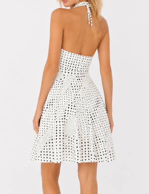 Chic Polka Dot Halter V Neck Sleeveless Mini Dress