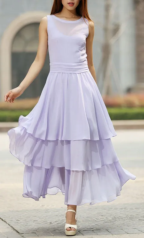 Chiffon Pleated Tiered Sleeveless Maxi Dress