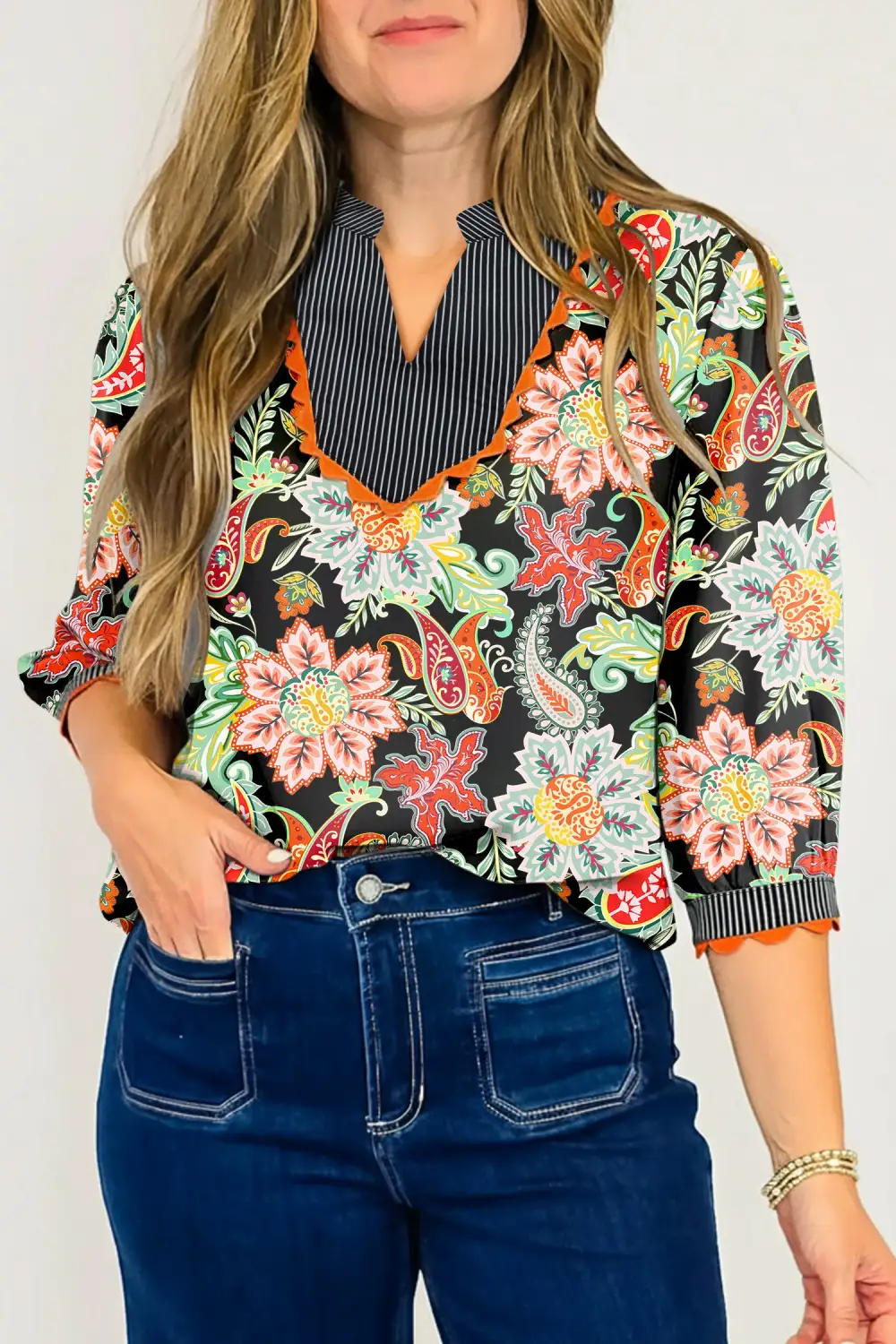 Women's Floral Print Striped Ricrac Trim Top