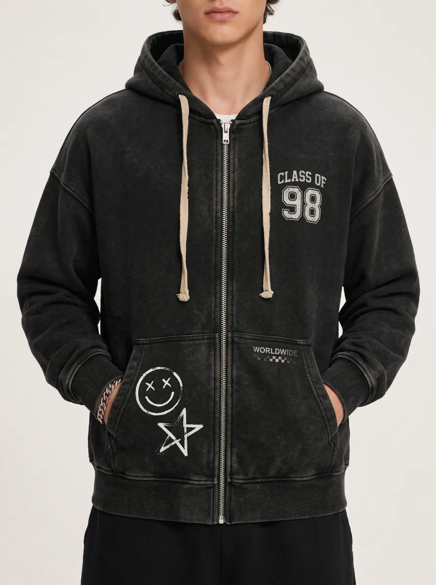 Men's Class of 98 Smiley Star Graphic Printed Zip-up Hoodie