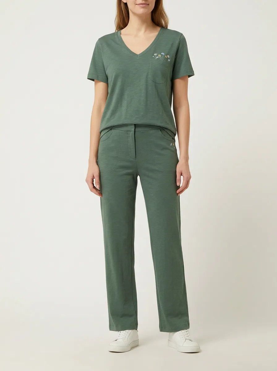 Women's Small Floral Embroidered V-Neck T-Shirt and Straight-Leg Pants Set