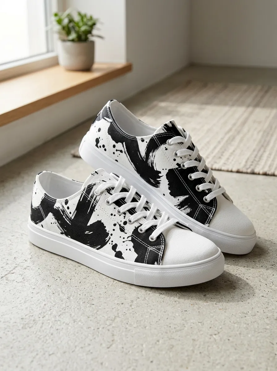 Men's Refined Abstract Ink Splash and Patterned Canvas Shoes