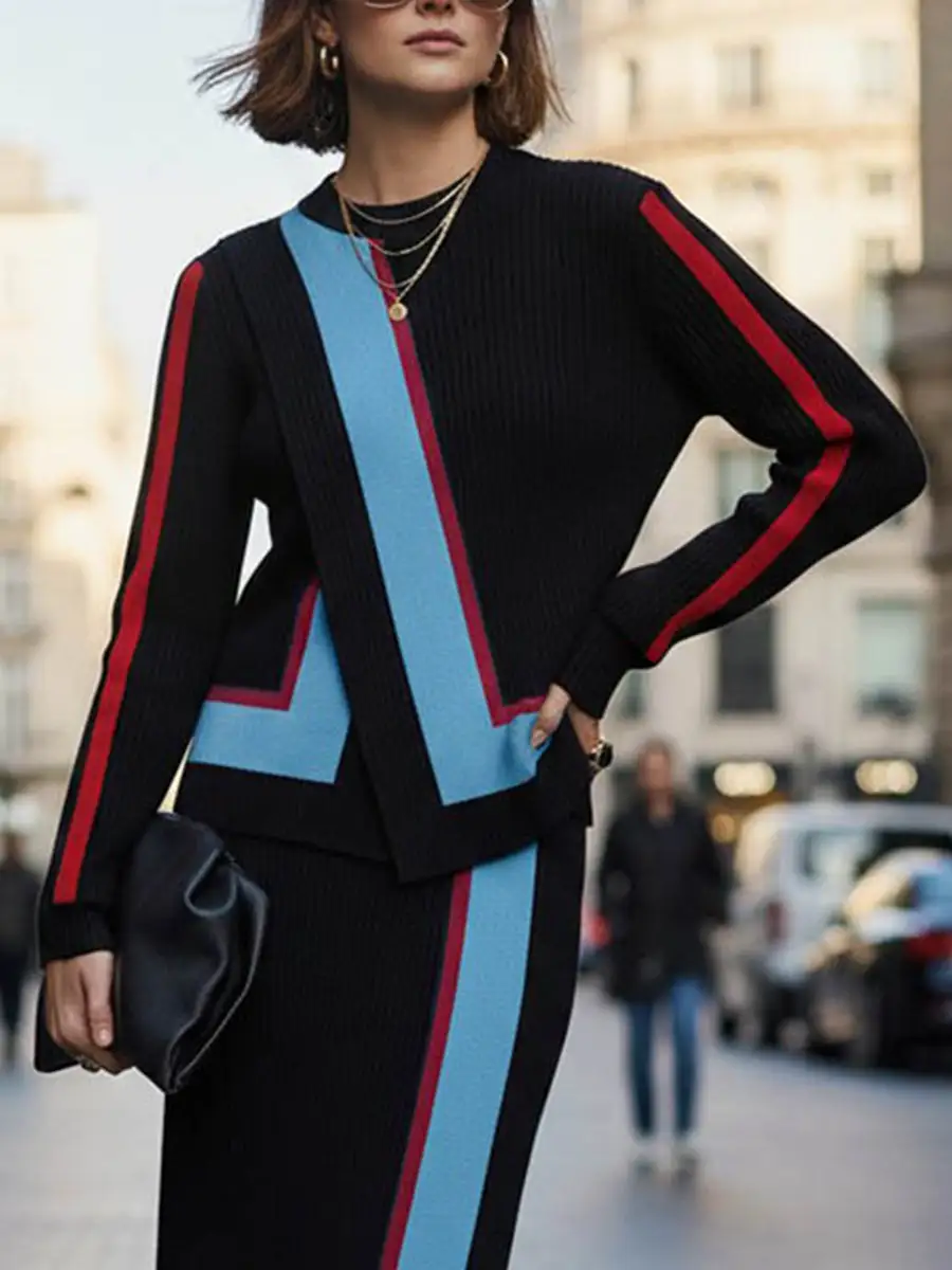 Abstract Print Printed Ribbed Asymmetric Paneled Sweater