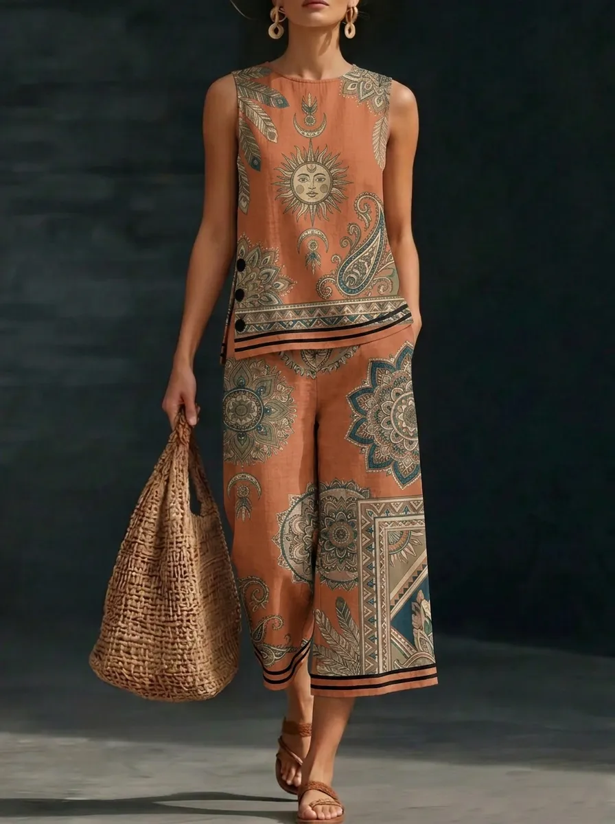 Women's Boho Sun Mandala Paisley Printed Sleeveless Set