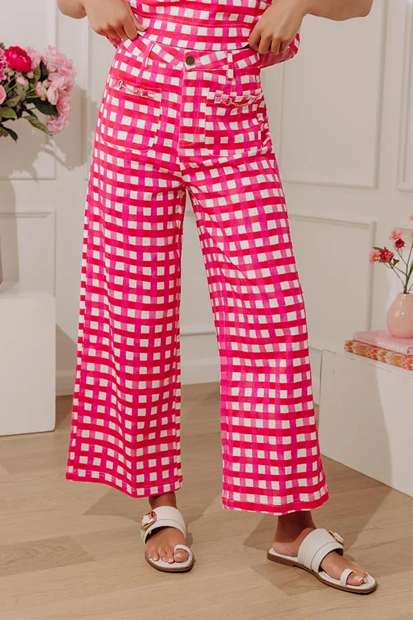 Pink High Waist Gingham Wide Leg Pants