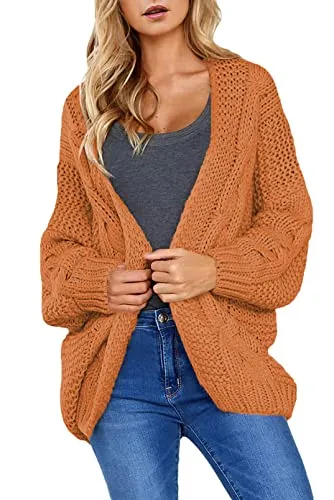 Womens Open Front Long Sleeve Chunky Knit Cardigan Sweaters Loose Outwear Coat