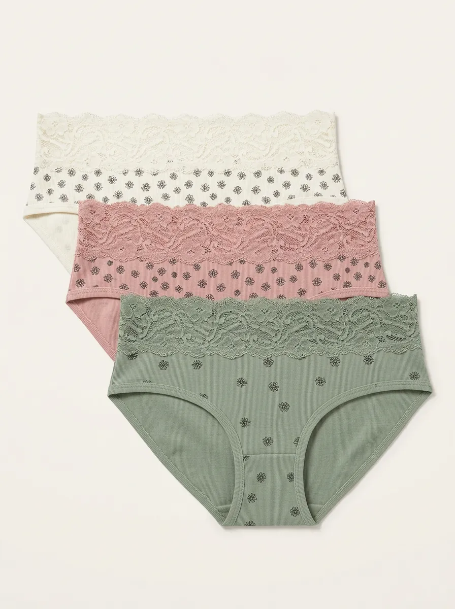 Women's Floral Lace-Trim Ribbed Brief Set