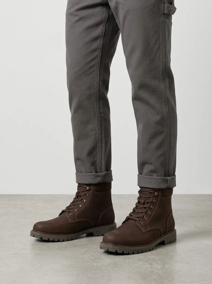 Unisex Leather Zigzag Pattern Print Work Boots