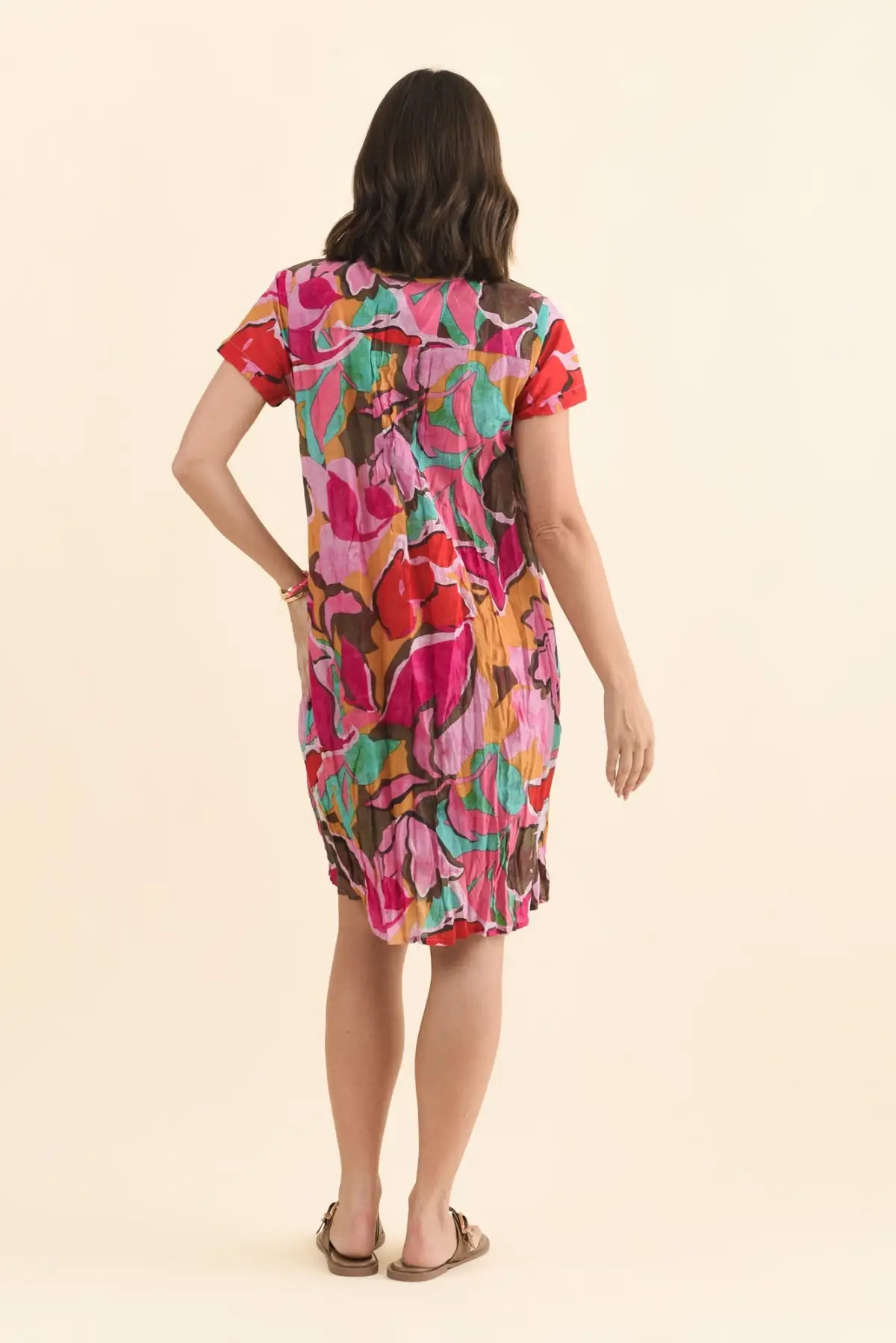 Above-Knee Floral Cotton Button-Front Pocket Pleated V-Neck Dress