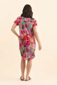 Above-Knee Floral Cotton Button-Front Pocket Pleated V-Neck Dress