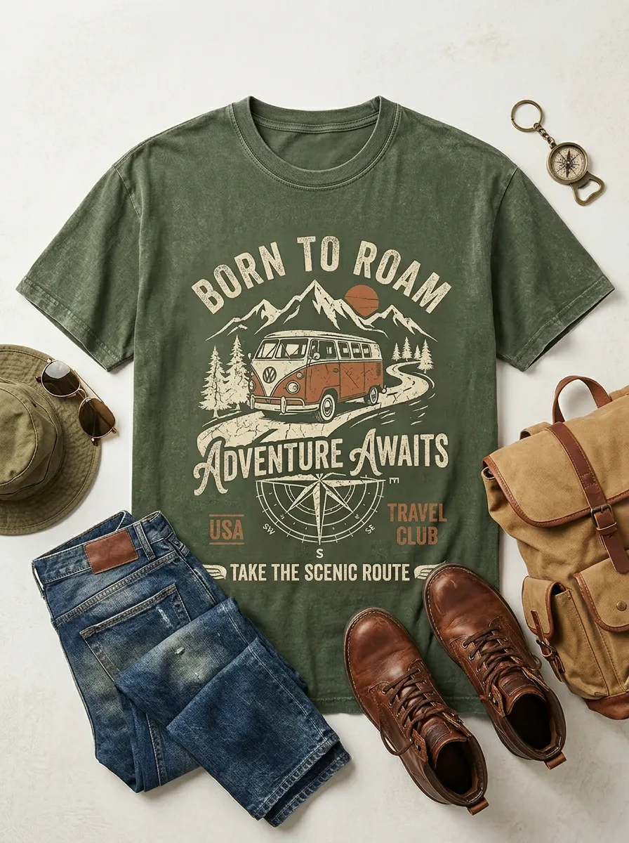 Unisex Travel Lover Camper Van Mountain Printed T-shirt