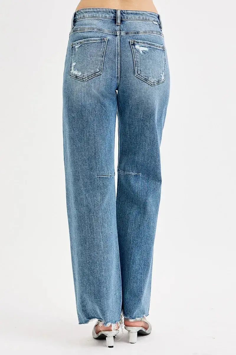 Mid Rise Wide Leg Washed Denim Jeans