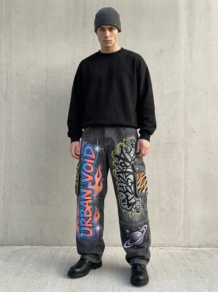 Men's Streetwear Urban Void Graffiti Flame Graphic Cargo Jeans