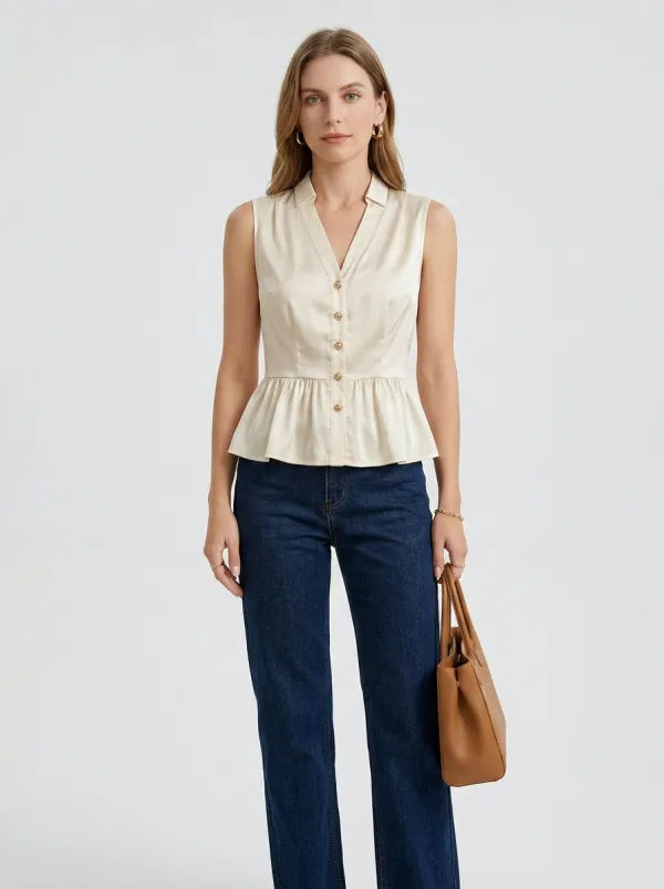 V-Neck Button Down Peplum Sleeveless Top