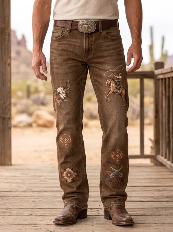 Men's Western Cowboy Horse Geometric Skull Jeans